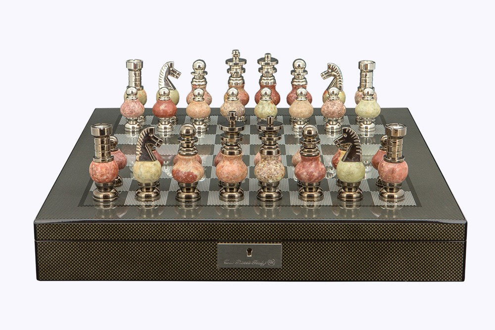 Dal Rossi Italy Chess Set on a 20" Board & Box with Coloured Stone and Metal , Silver Chessmen