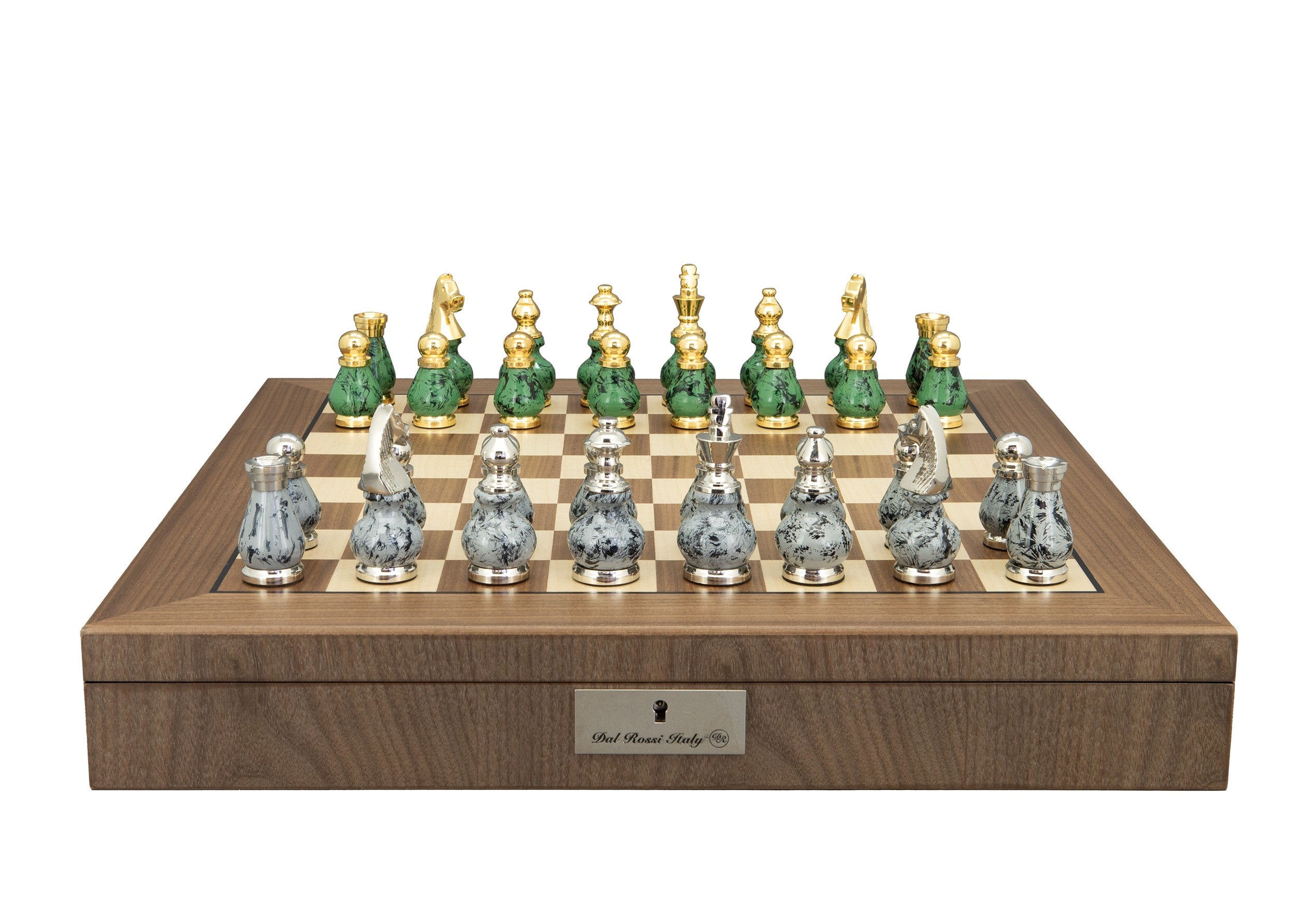Dal Rossi Italy, Gray and Green with Gold and Silver Tops and Bottoms Chessmen 90mm on a Walnut Inlaid Chess Box with Compartments 20"