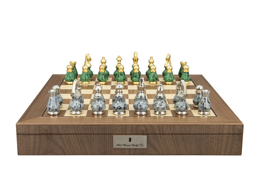 Dal Rossi Italy, Gray and Green with Gold and Silver Tops and Bottoms Chessmen 90mm on a Walnut Inlaid Chess Box with Compartments 20"