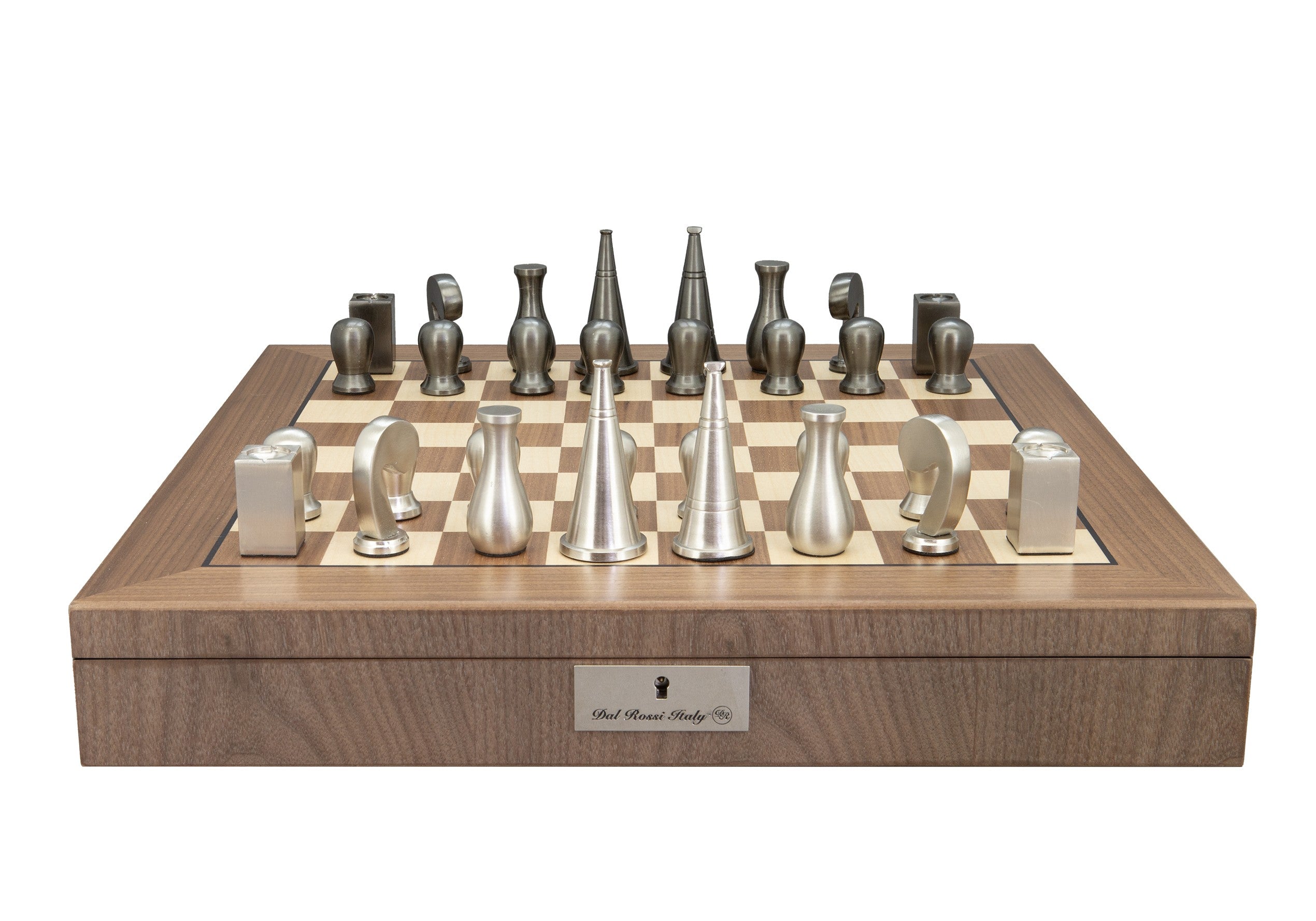 Dal Rossi Italy Metal Dark Titanium and Silver 90mm Chessmen on a Walnut Inlaid Chess Box with Compartments 20"