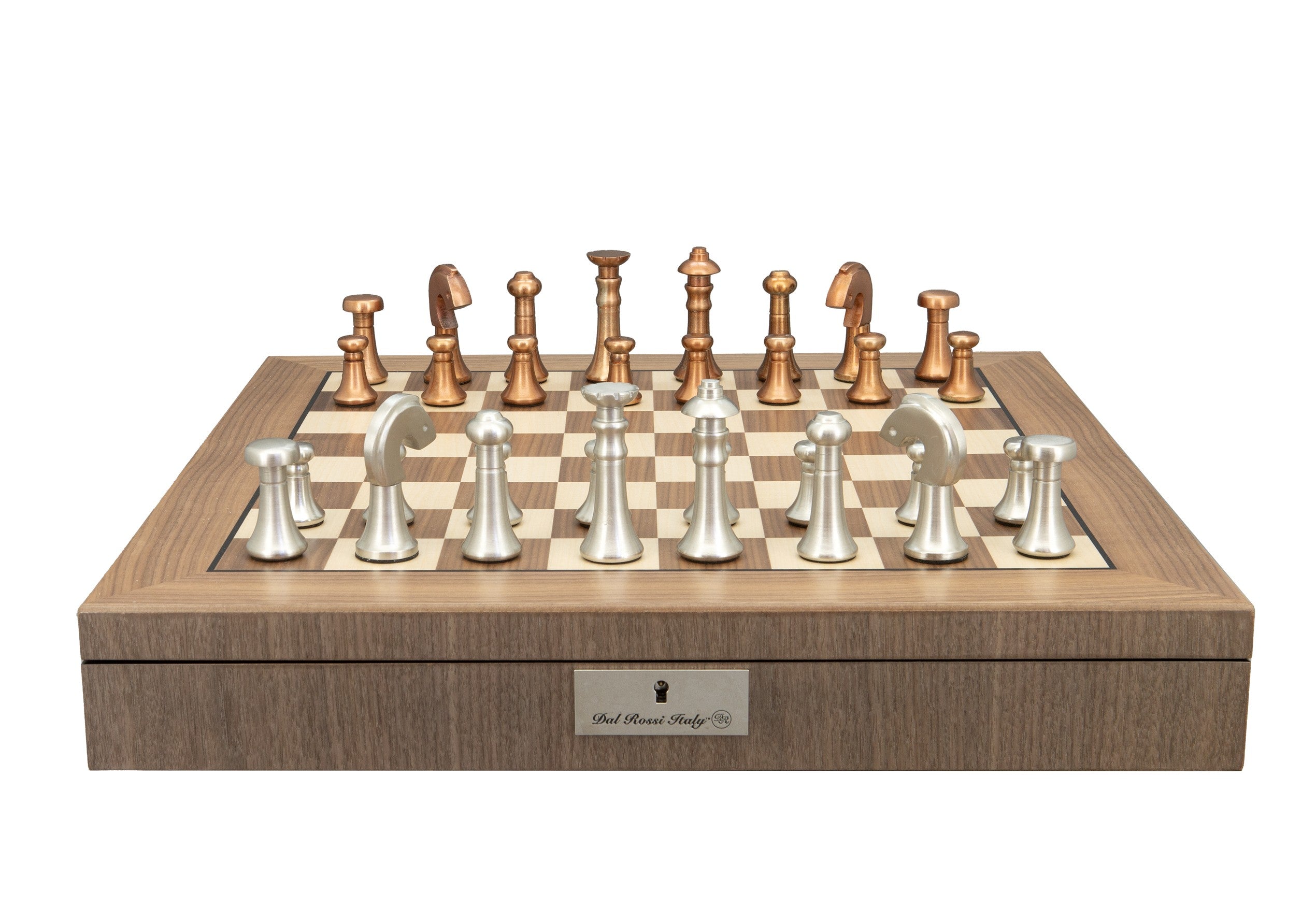 Dal Rossi Italy Metal Copper and Silver 80mm Chessmen on a Walnut Inlaid Chess Box with Compartments 20"