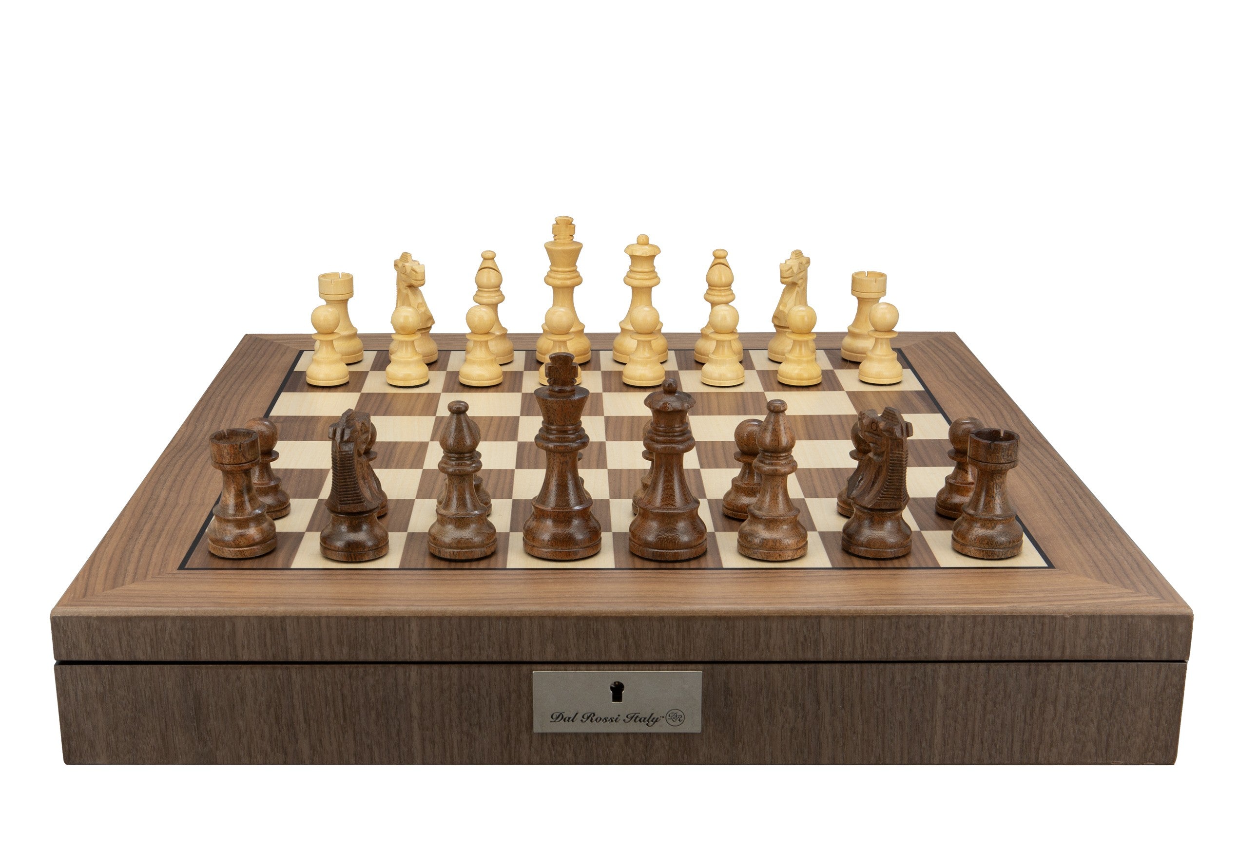 Dal Rossi Italy, Staunton Boxwood/Sheesham95mm Wood Double Weighted Chessmen on a Walnut Inlaid Chess Box with Compartments 20"