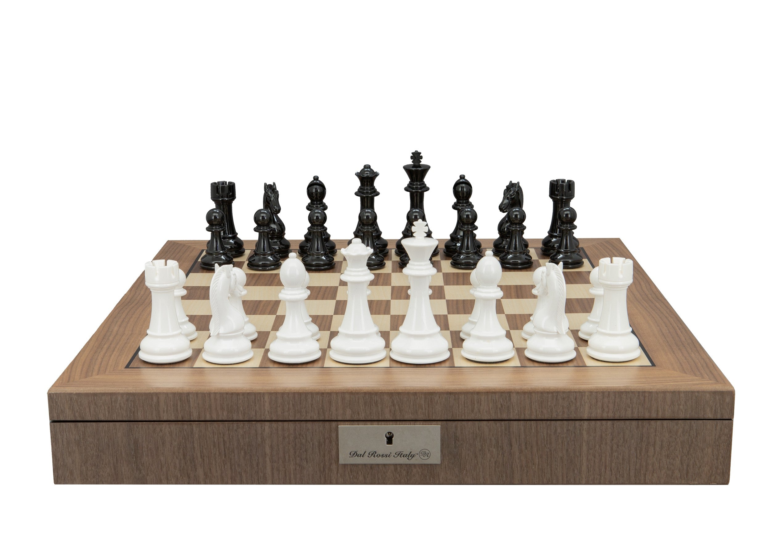 Dal Rossi Italy Black and White Weight  pieces110mm Chessmen on a Walnut Inlaid Chess Box with Compartments 20"