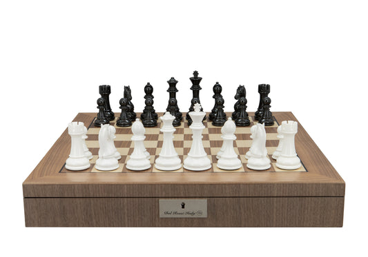 Dal Rossi Italy Black and White Weight  pieces110mm Chessmen on a Walnut Inlaid Chess Box with Compartments 20"