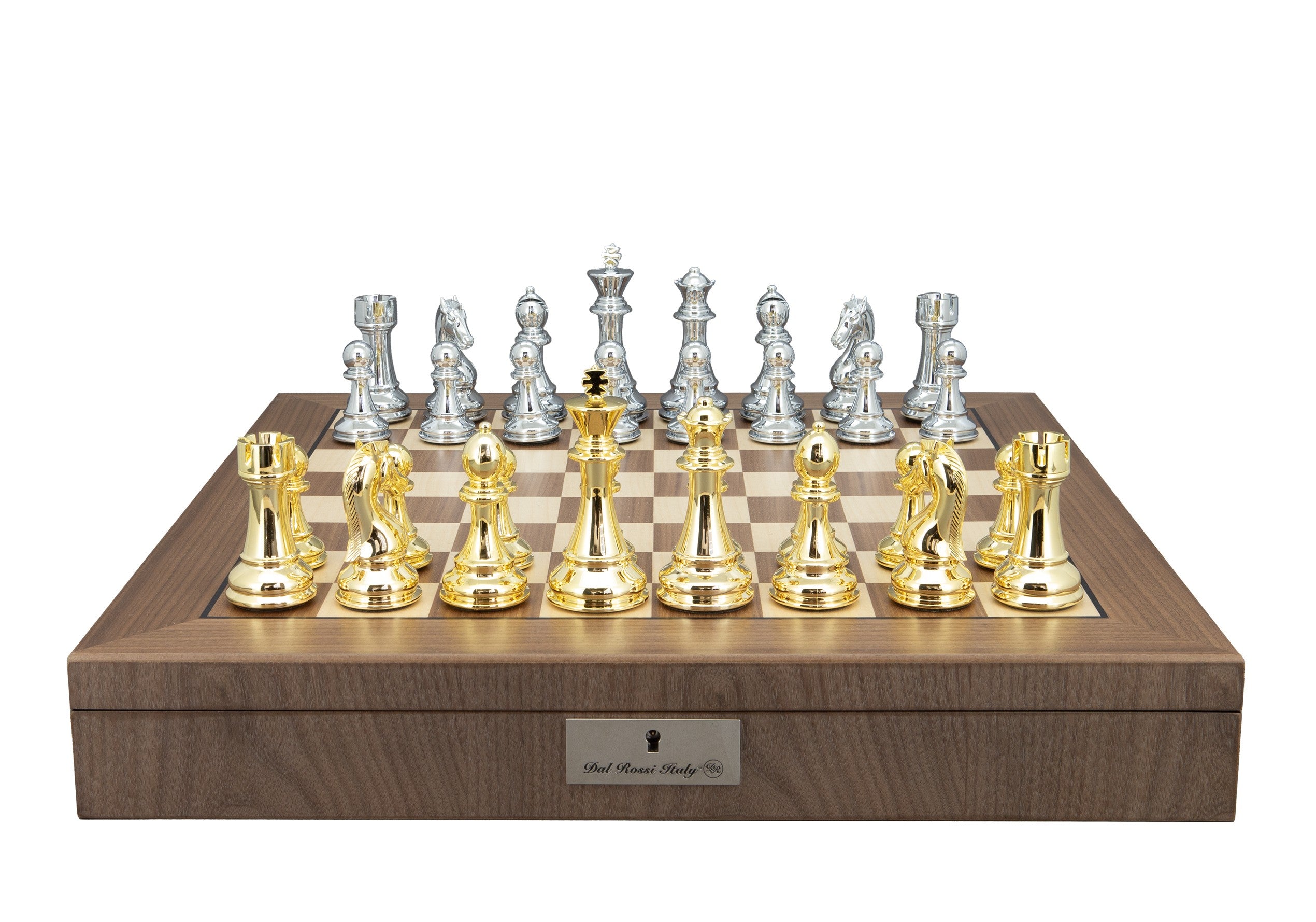 Dal Rossi Italy Gold and Silver Weighted Chess Pieces 110mm Chessmen on a Walnut Inlaid Chess Box with Compartments 20"