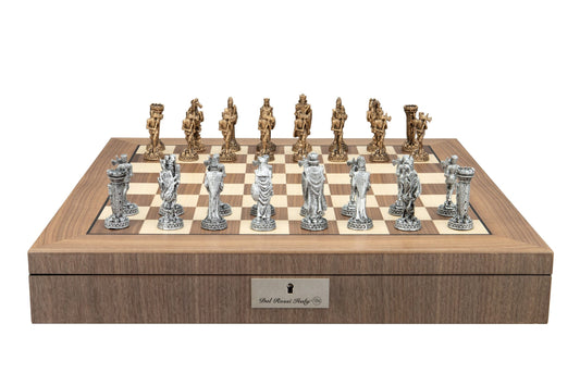 Dal Rossi Italy, Medieval Pewter Chessmen on a Walnut Inlaid Chess Box with Compartments 20"