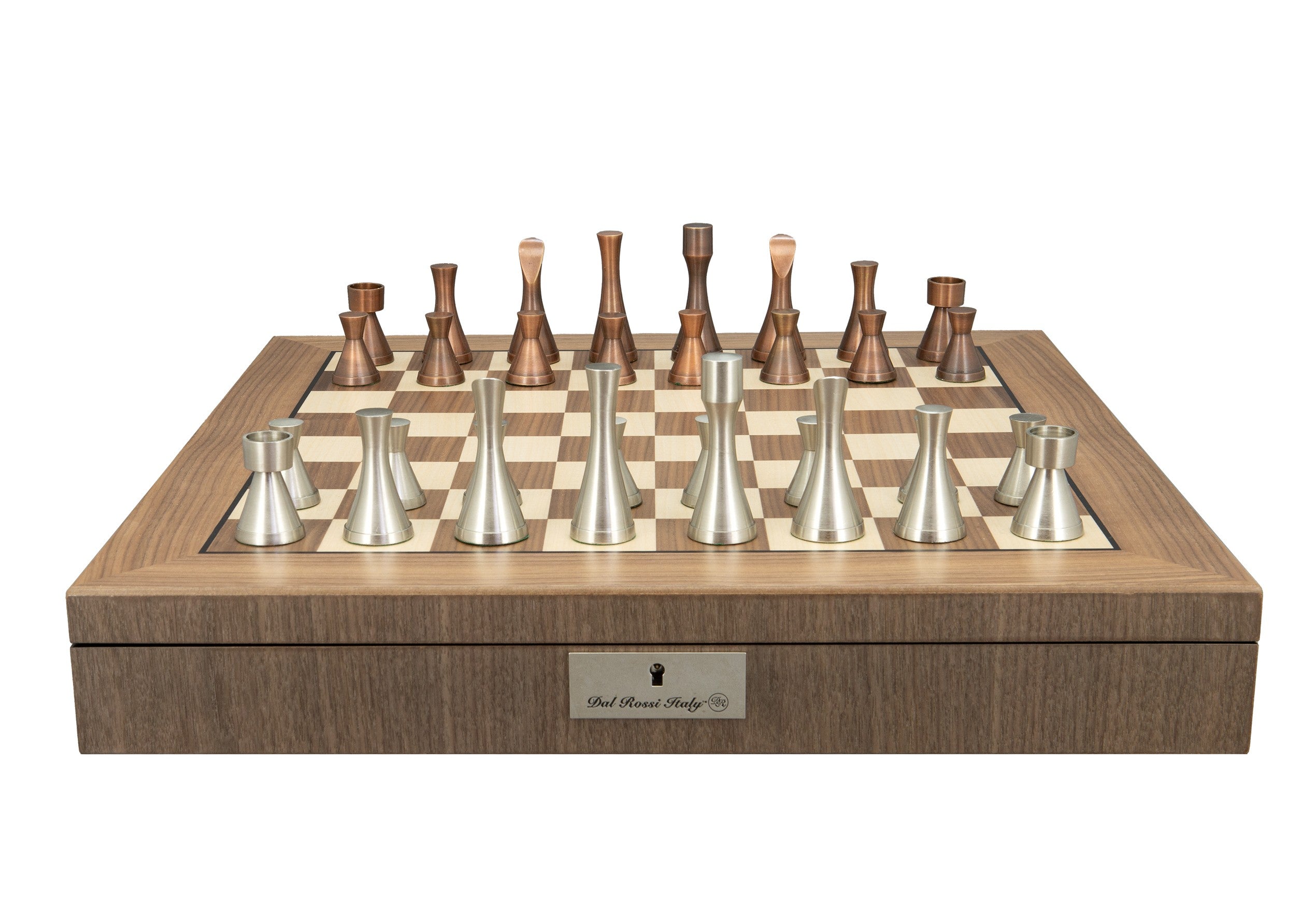 Dal Rossi Italy, Contemporary Metal Chessmen on a Walnut Inlaid Chess Box with Compartments 20"