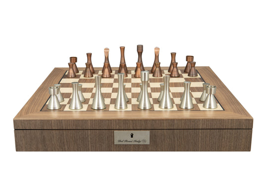 Dal Rossi Italy, Contemporary Metal Chessmen on a Walnut Inlaid Chess Box with Compartments 20"