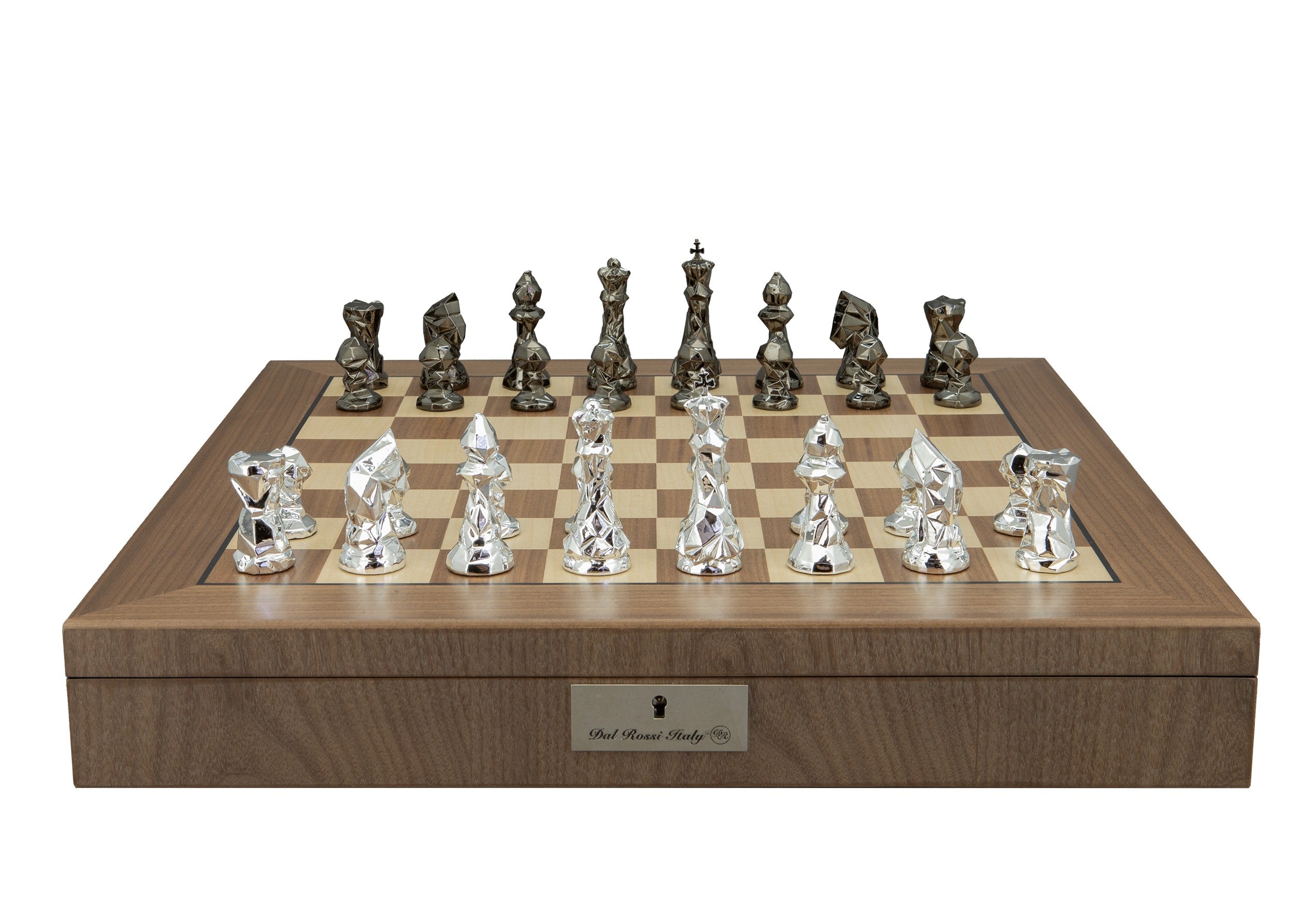 Dal Rossi Diamond-Cut Titanium & Silver Chessmen on a Walnut Inlaid Chess Box with Compartments 20"