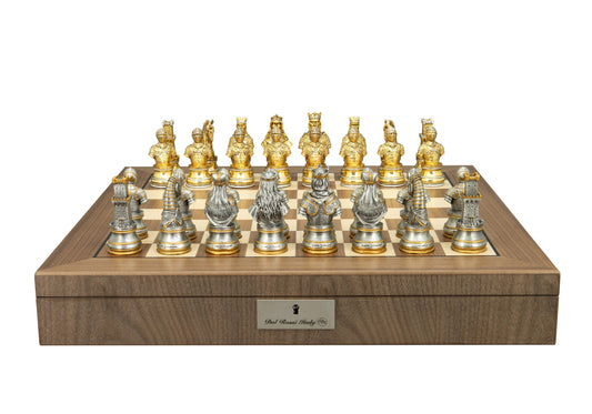 Dal Rossi Italy, Medieval Warriors chessmen on a Walnut Inlaid Chess Box with Compartments 20"