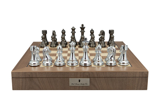 Dal Rossi Italy Silver and Black Weight  Chess pieces110mm Chessmen on a Walnut Inlaid Chess Box with Compartments 20"