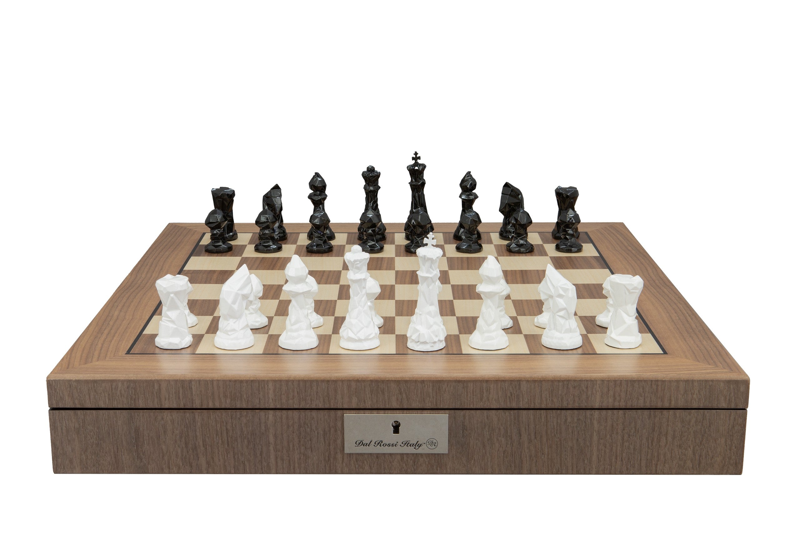 Dal Rossi Diamond-Cut Black & White Chessmen on a Walnut Inlaid Chess Box with Compartments 20"