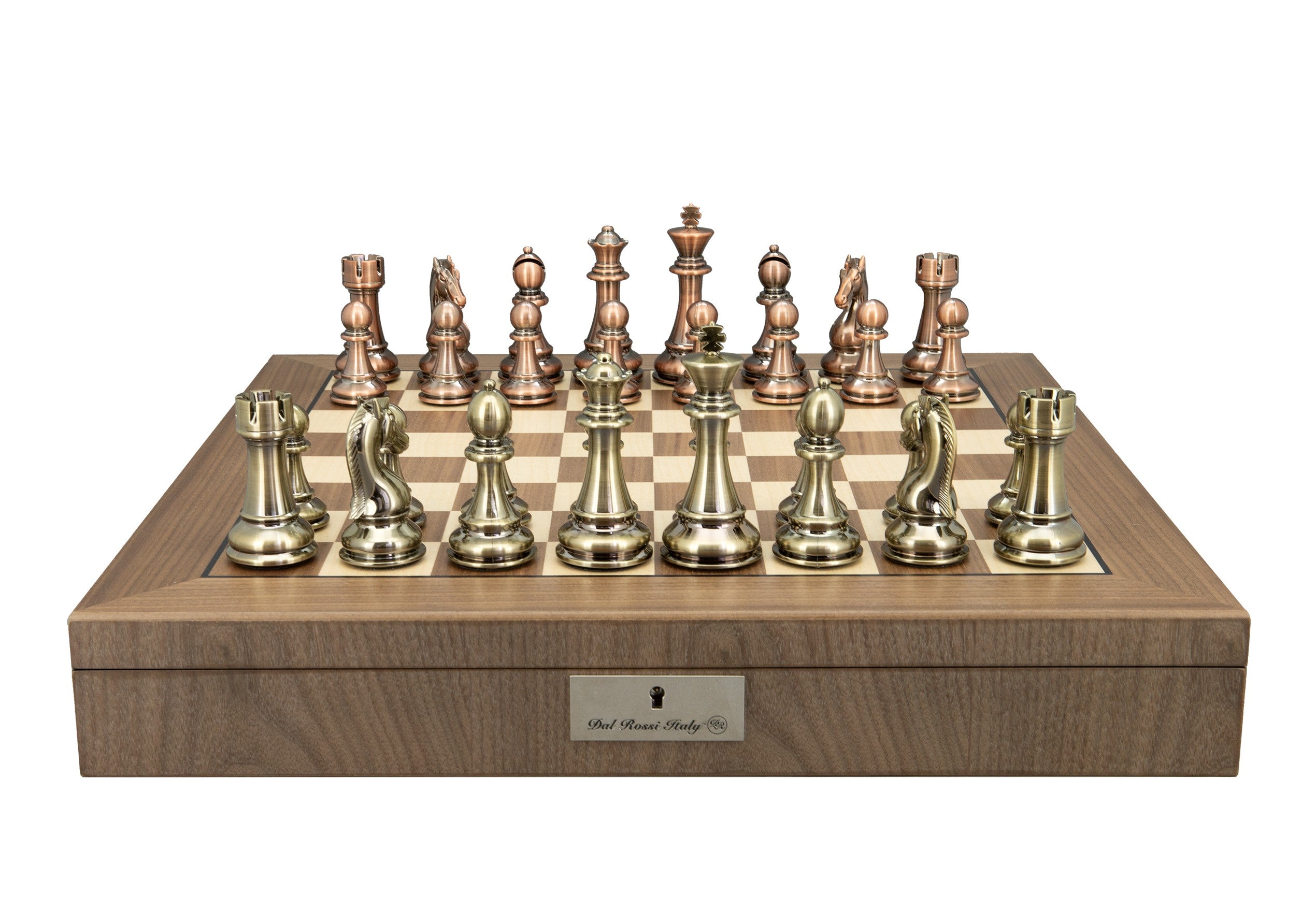 Dal Rossi Italy Bronze and Copper Weight  Chess pieces110mm Chessmen on a Walnut Inlaid Chess Box with Compartments 20"
