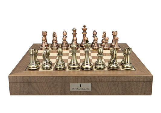 Dal Rossi Italy Bronze and Copper Weight  Chess pieces110mm Chessmen on a Walnut Inlaid Chess Box with Compartments 20"