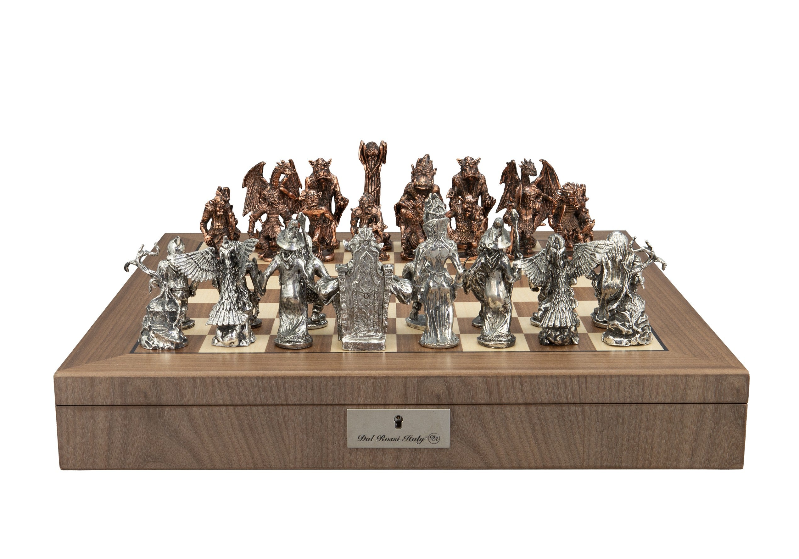 Dal Rossi Good and Evil Chessmen on a Walnut Inlaid Chess Box with Compartments 20"