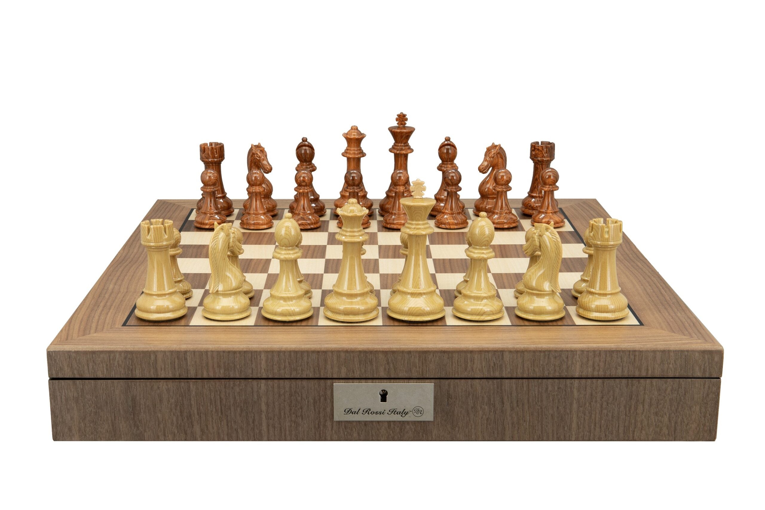 Dal Rossi Italy Brown and Box Wood Grain Finish 110mm Chessmen on a Walnut Inlaid Chess Box with Compartments 20"