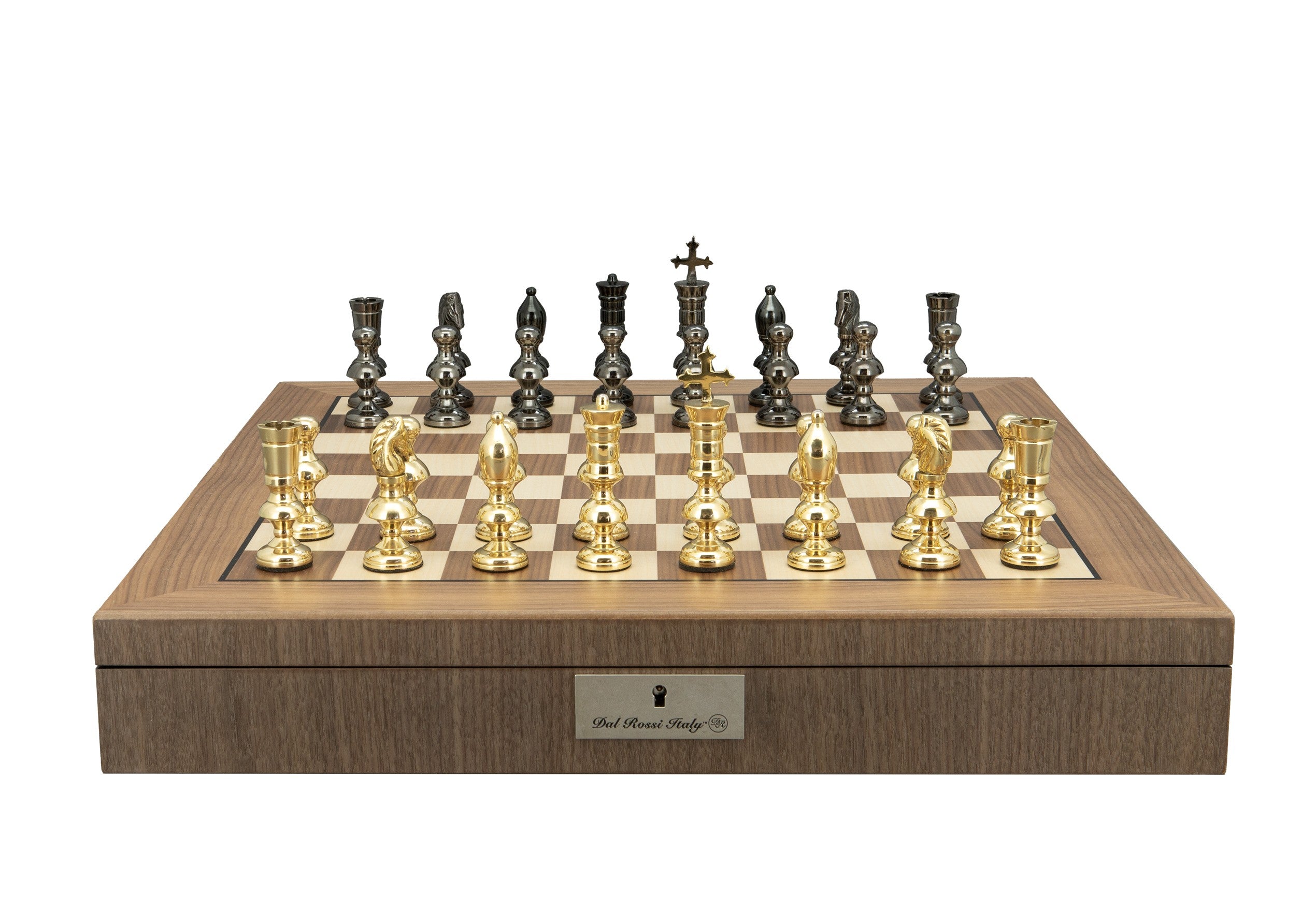 Dal Rossi Italy Metal Dark Titanium and Gold 110mm Chessmen on a Walnut Inlaid Chess Box with Compartments 20"