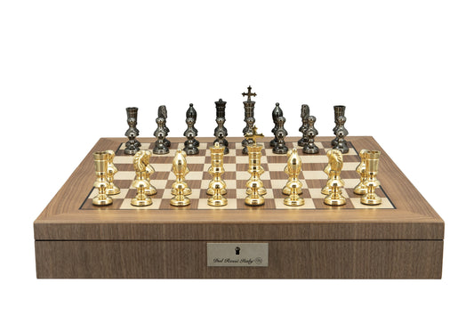 Dal Rossi Italy Metal Dark Titanium and Gold 110mm Chessmen on a Walnut Inlaid Chess Box with Compartments 20"