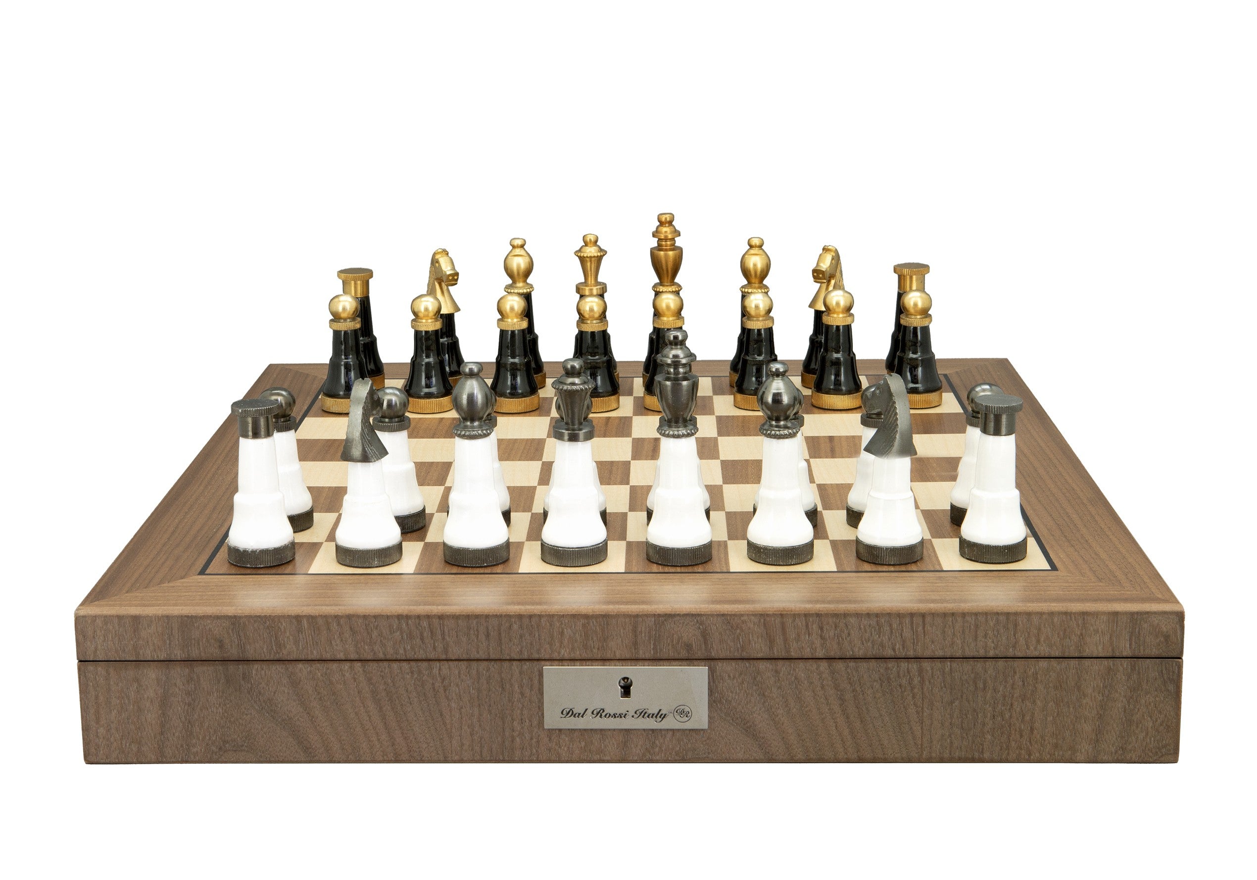 Dal Rossi Italy, Black and White with Gold and Gun Metal Tops and Bottoms Chessmen 110mm on a Walnut Inlaid Chess Box with Compartments 20"