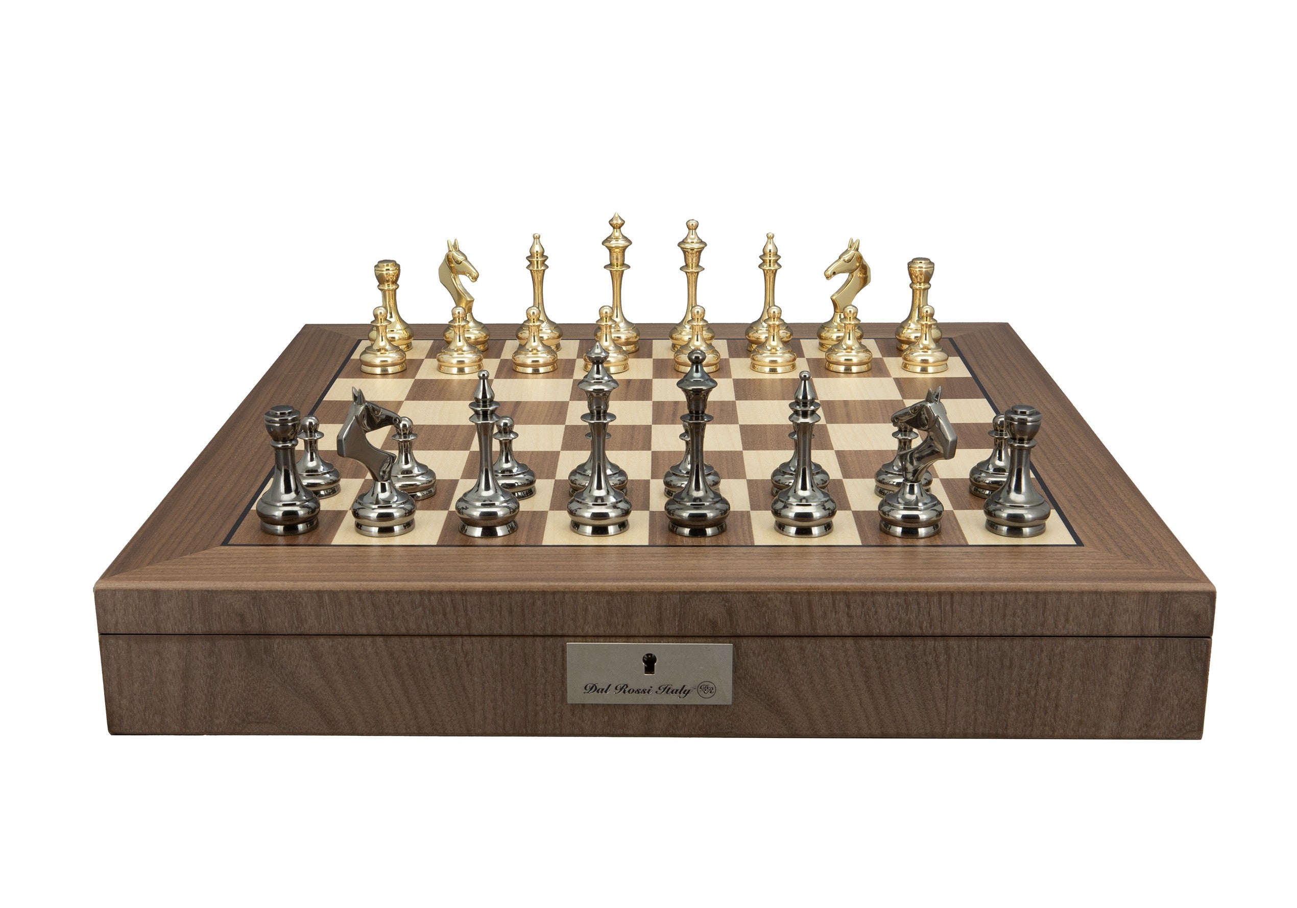 Dal Rossi Italy, Metal Staunton Brass Titanium Cap Chessmen on a Walnut Inlaid Chess Box with Compartments 20"