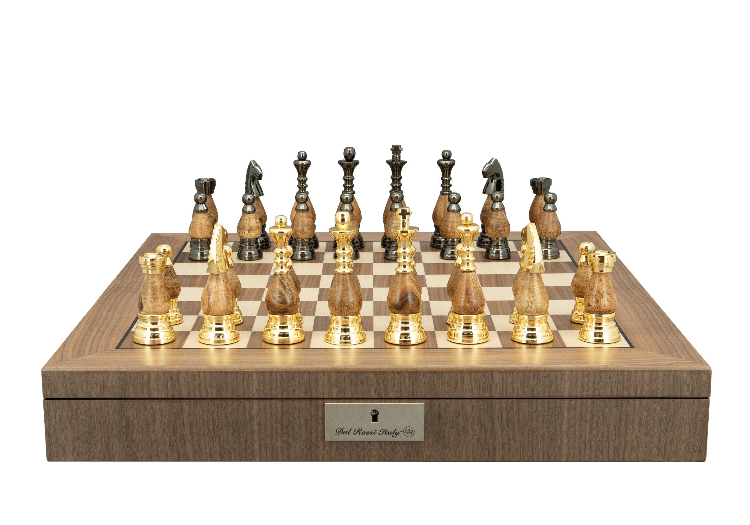 Dal Rossi Italy, Staunton Metal and  Wood Gold 100mm Chessmen on a Walnut Inlaid Chess Box with Compartments 20"