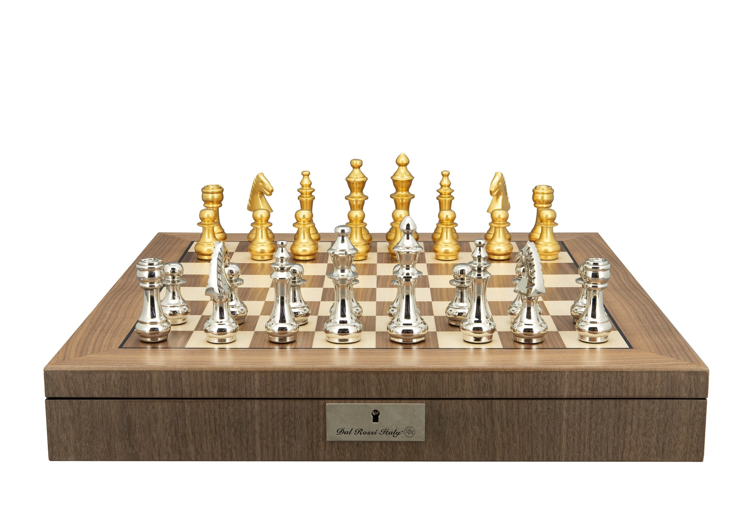 Dal Rossi Italy, Staunton Silver and GOLD Chessmen 100mm Chessmen on a Walnut Inlaid Chess Box with Compartments 20"