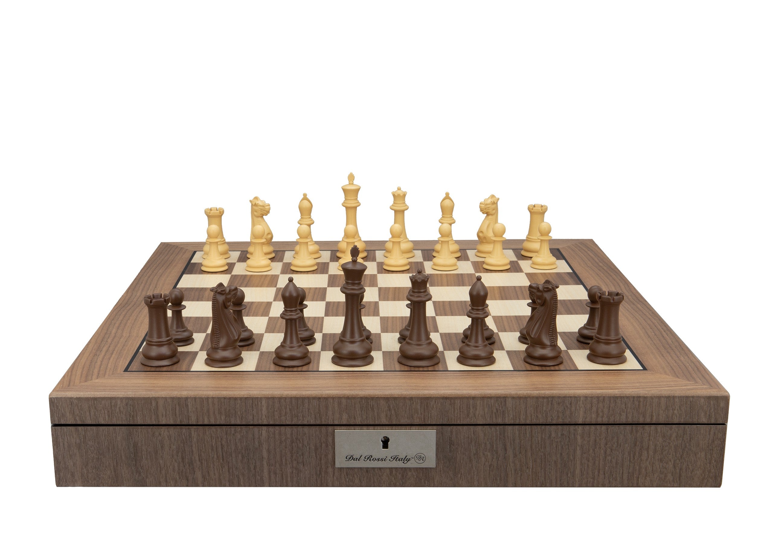 Dal Rossi Italy, Queen's Gambit Style Chess Pieces 90mm Chessmen on a Walnut Inlaid Chess Box with Compartments 20"