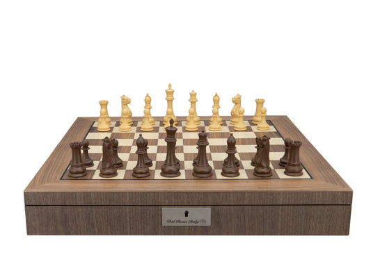 Dal Rossi Italy, Queen's Gambit Style Chess Pieces 90mm Chessmen on a Walnut Inlaid Chess Box with Compartments 20"
