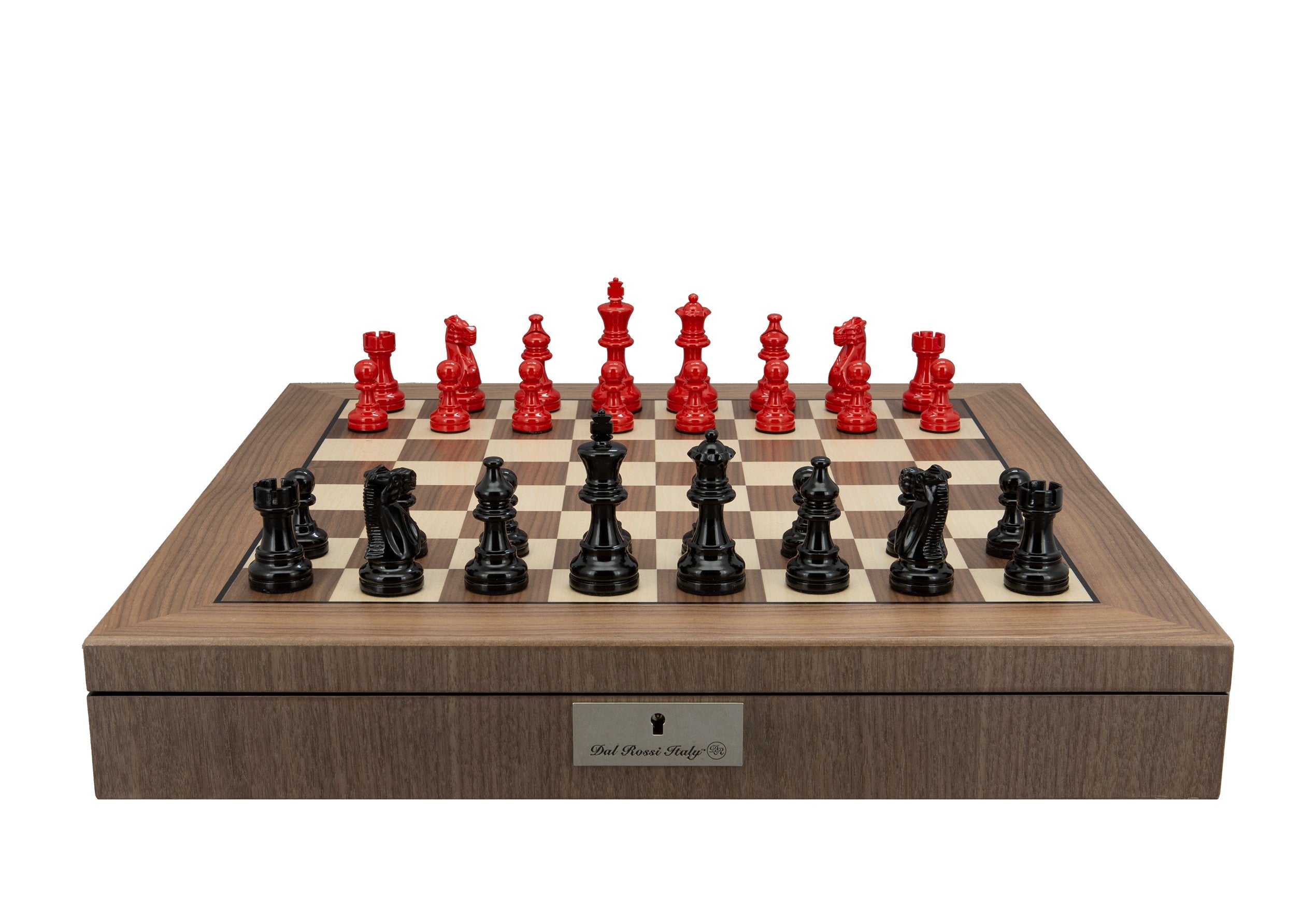 Dal Rossi Italy, Staunton Black and Red Double Weighted Chessmen on a Walnut Inlaid Chess Box with Compartments 20"