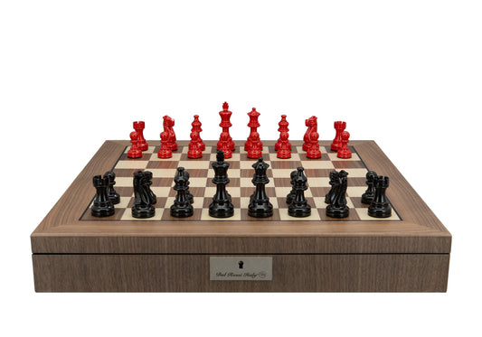 Dal Rossi Italy, Staunton Black and Red Double Weighted Chessmen on a Walnut Inlaid Chess Box with Compartments 20"