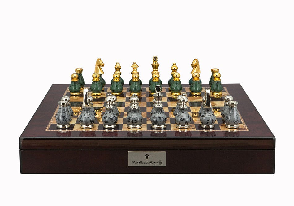 Dal Rossi Italy Chess Set Mahogany Shinny Finish 20″ With Compartments, With Gray and Green Gold and Silver Metal Tops and Bottoms Chess Pieces 90mm