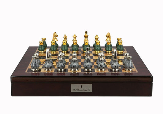 Dal Rossi Italy Chess Set Mahogany Shinny Finish 20″ With Compartments, With Gray and Green Gold and Silver Metal Tops and Bottoms Chess Pieces 90mm