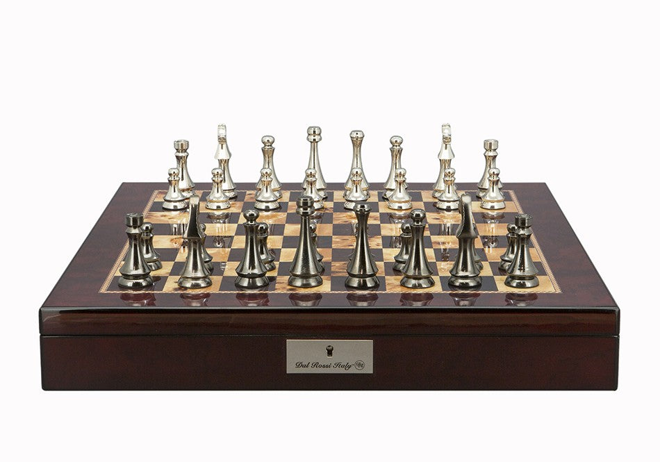 Dal Rossi Italy Chess Set Mahogany Shinny Finish 20″ With Compartments, With Metal Dark Titanium and Gold chessmen 85mm