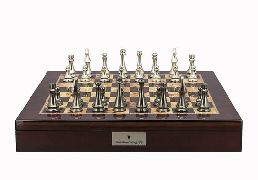 Dal Rossi Italy Chess Set Mahogany Shinny Finish 20″ With Compartments, With Metal Dark Titanium and Gold chessmen 85mm