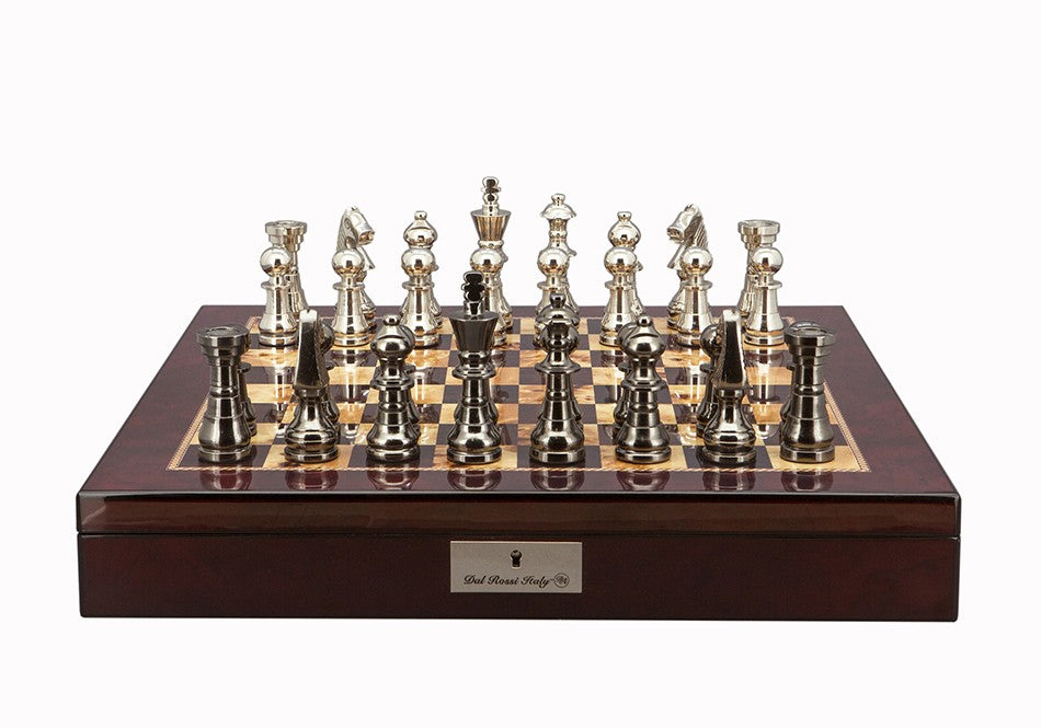 Dal Rossi Italy Chess Set Mahogany Shinny Finish 20″ With Compartments, With Metal Dark Titanium and Silver chessmen 115mm