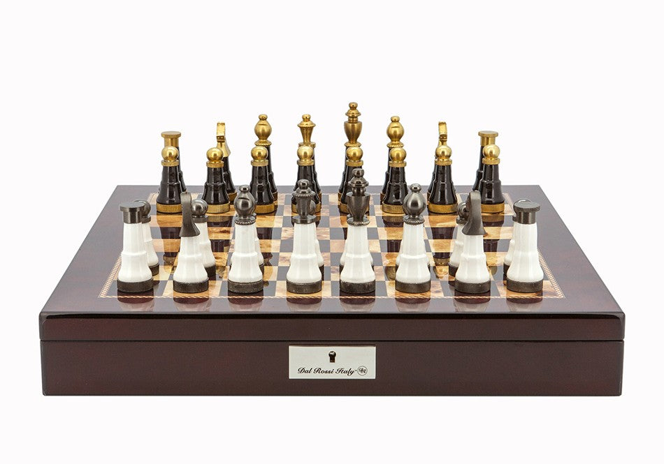 Dal Rossi Italy Chess Set Mahogany Shinny Finish 20″ With Compartments, With Black and White with Gold and Gun Metal Tops and Bottoms Chessmen 110mm