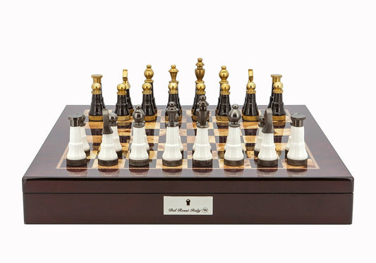 Dal Rossi Italy Chess Set Mahogany Shinny Finish 20″ With Compartments, With Black and White with Gold and Gun Metal Tops and Bottoms Chessmen 110mm