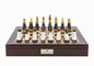 Dal Rossi Italy Chess Set Mahogany Shinny Finish 20″ With Compartments, With Black and White with Gold and Gun Metal Tops and Bottoms Chessmen 110mm