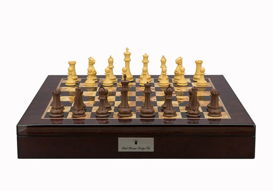 Dal Rossi Italy Chess Set Mahogany Shinny Finish20″ With Compartments, With Queens Gambit Chessmen 90mm