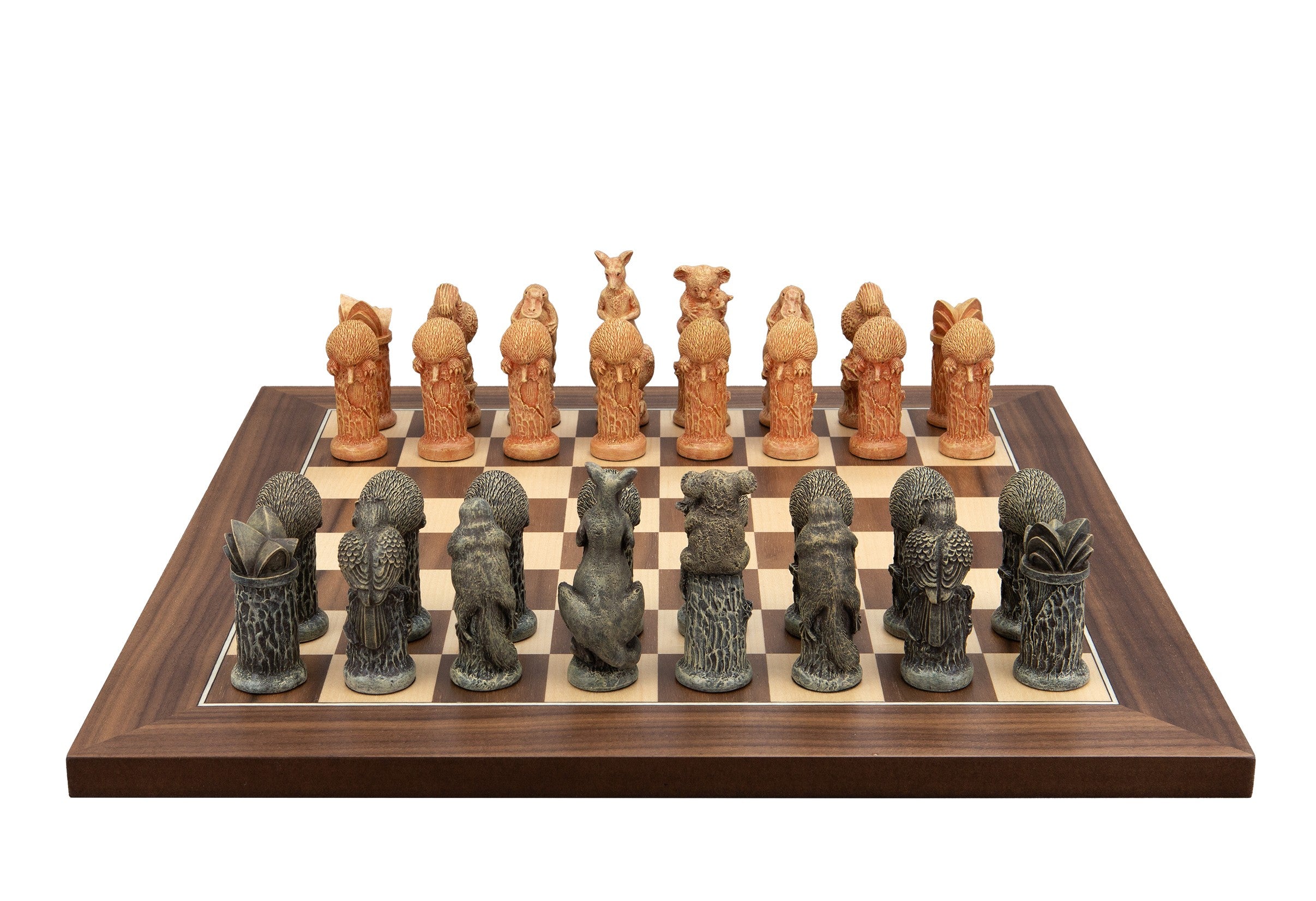 Dal Rossi Hand Paint - Australiana Chessmen on a Walnut Inlaid, 40cm Chess Board
