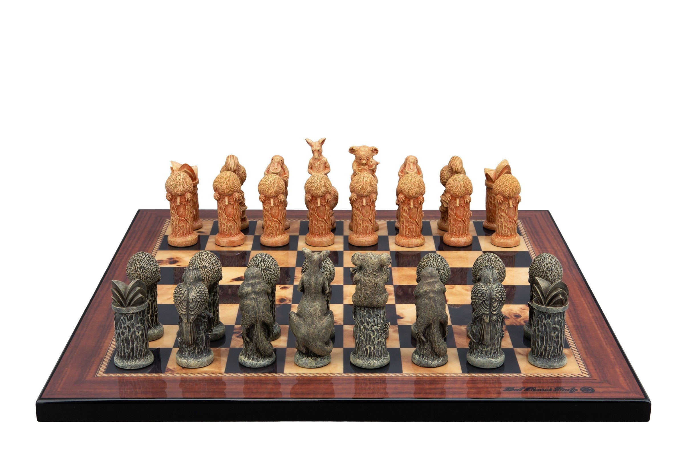 Dal Rossi Hand Paint - Australiana Chessmen on a Walnut Shinny Finish, 40cm Chess Board