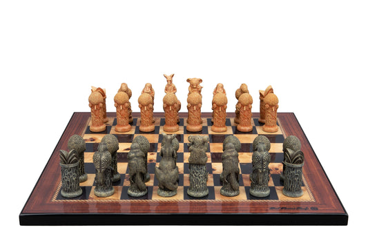 Dal Rossi Hand Paint - Australiana Chessmen on a Walnut Shinny Finish, 40cm Chess Board