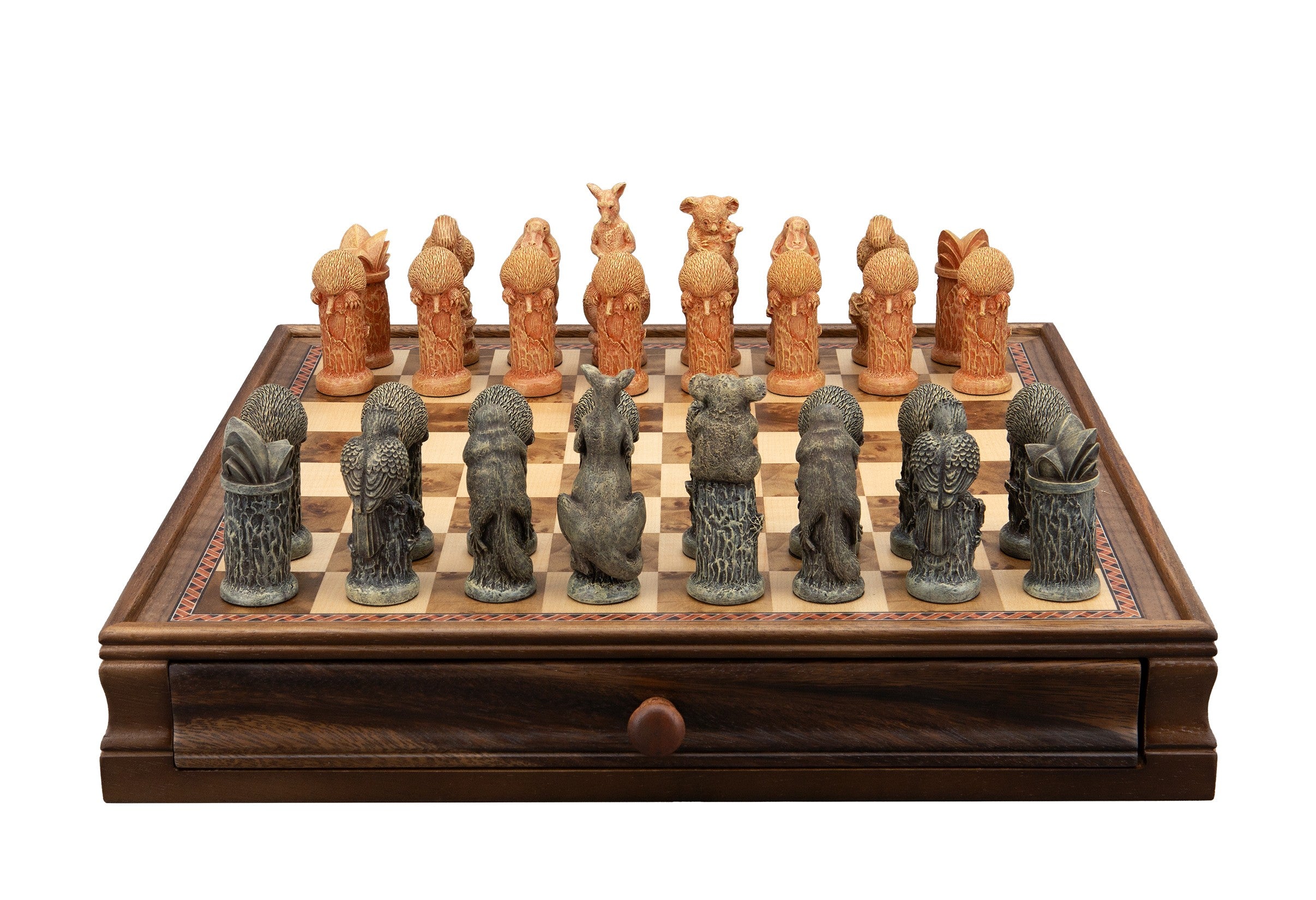 Dal Rossi Hand Paint - Australiana Chessmen on a Chess Set with Drawer 15"