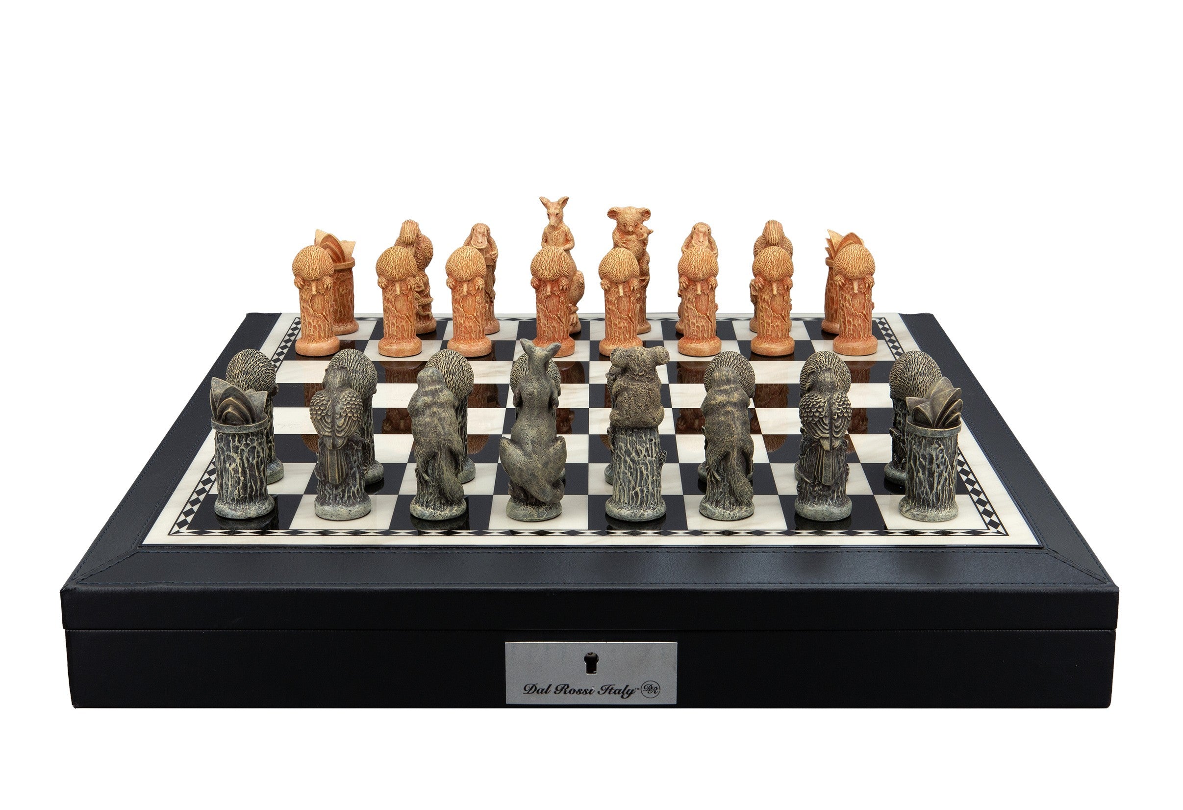Dal Rossi Hand Paint - Australiana Chessmen on a Black PU Leather Bevelled Edge chess box with compartments 18"