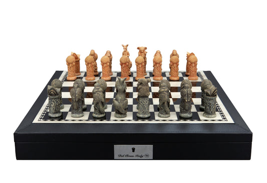 Dal Rossi Hand Paint - Australiana Chessmen on a Black PU Leather Bevelled Edge chess box with compartments 18"