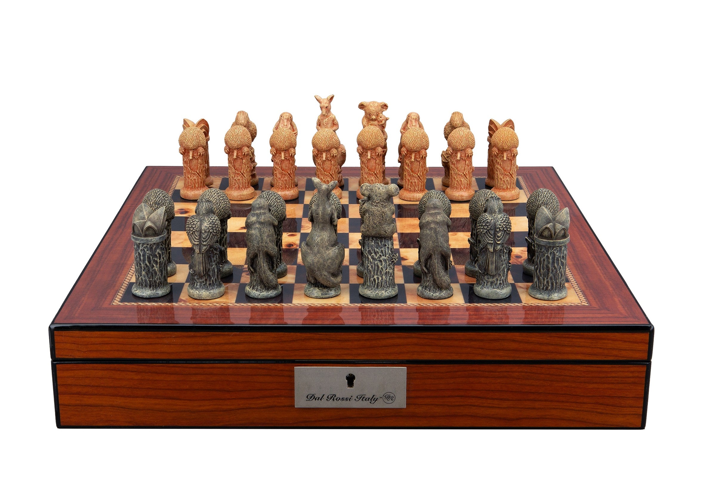 Dal Rossi Hand Paint - Australiana Chessmen on a Walnut Finish Shiny Chess Box with Compartments 16"