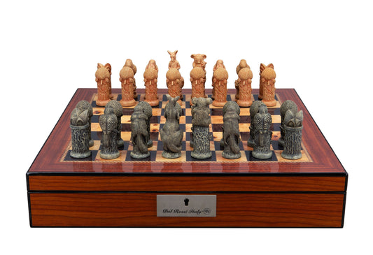 Dal Rossi Hand Paint - Australiana Chessmen on a Walnut Finish Shiny Chess Box with Compartments 16"