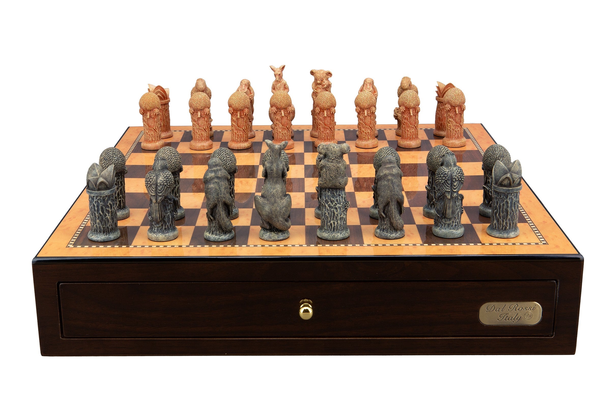 Dal Rossi Hand Paint - Australiana Chessmen on a Shiny Walnut Chess Box with two Drawers 18"