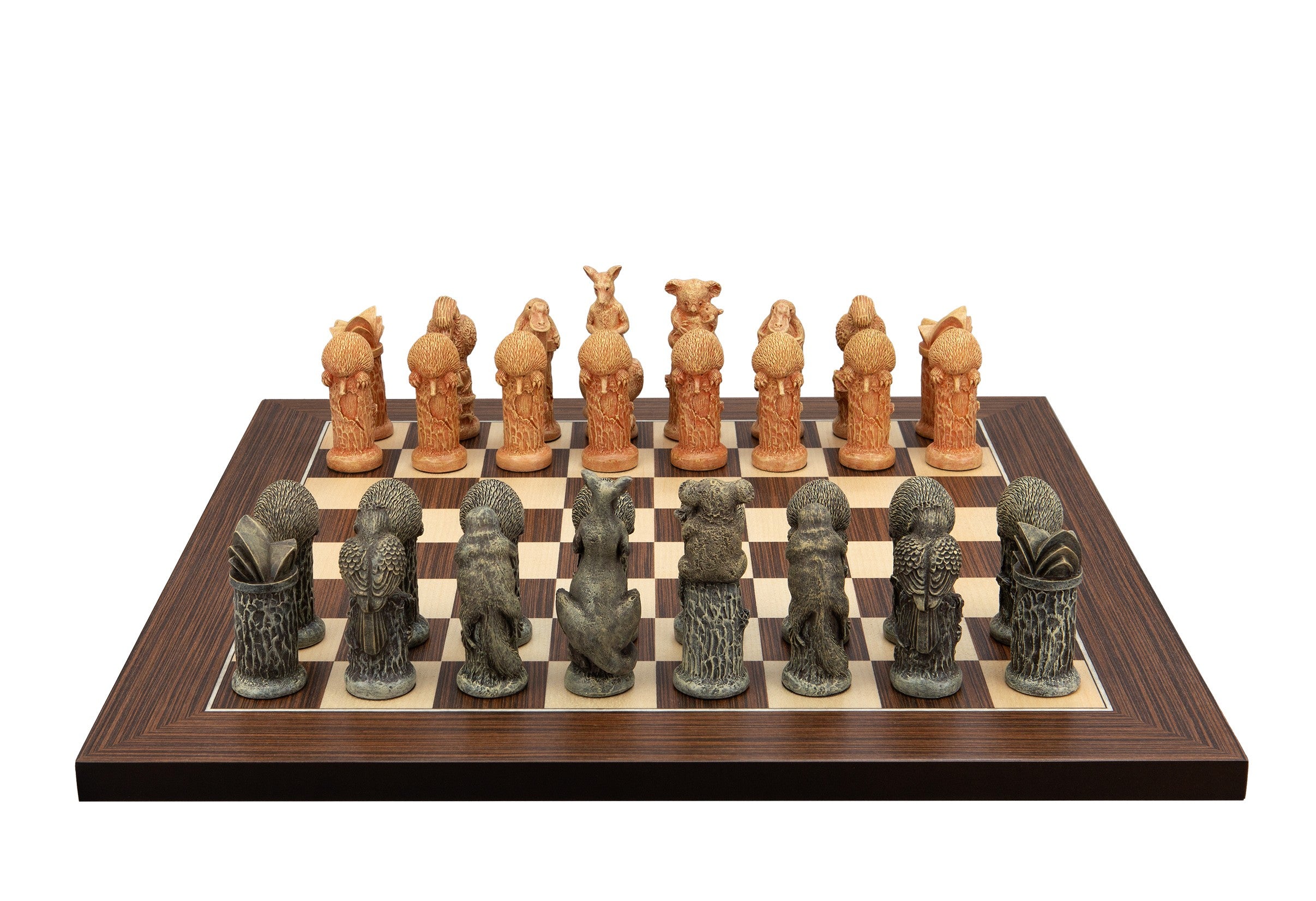 Dal Rossi Hand Paint - Australiana Chessmen on a Palisander / Maple, 40cm Chess Board