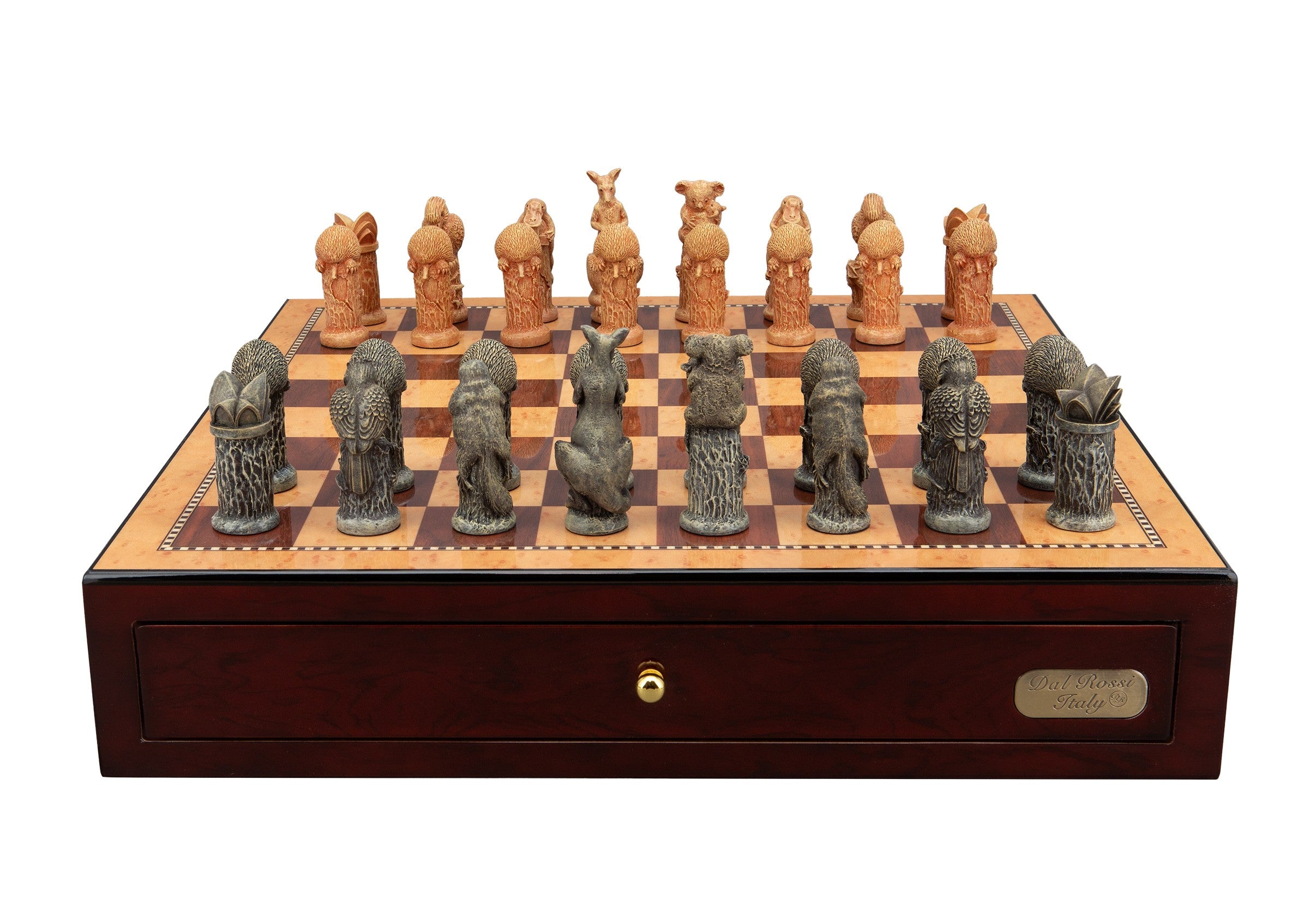 Dal Rossi Hand Paint - Australiana Chessmen on a Shiny Mahogany Chess Box with two Drawers 18"